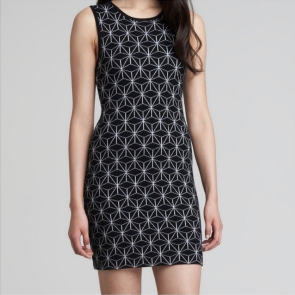 Alice + Olivia Bentley 3D Printed Knit Wool Dress Black White Geometric Womens S